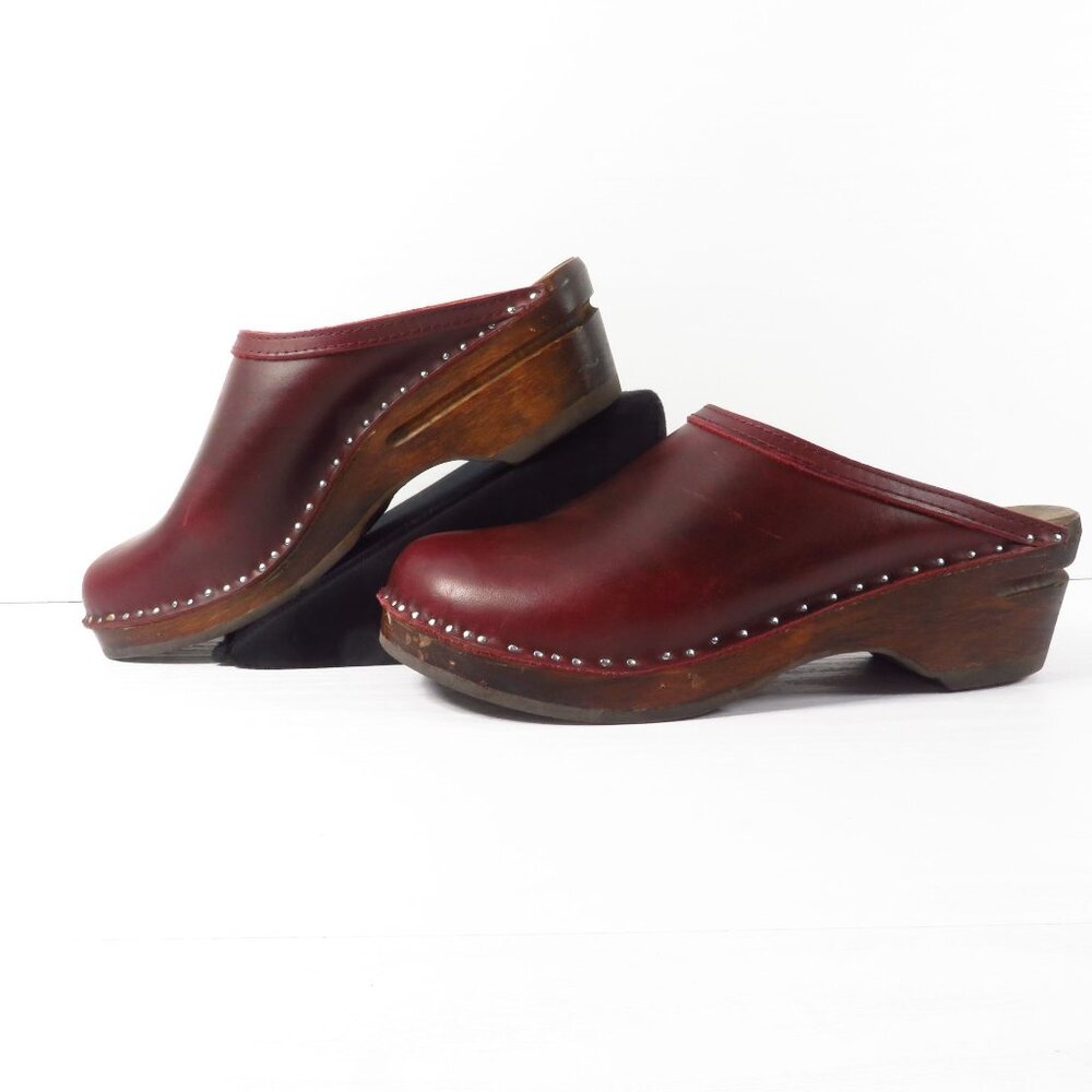 Troentorp Kahlo Wooden Clogs Women’s Size EU 39 US 8.5 Bordeaux Pull Up Leather - Picture 2 of 14